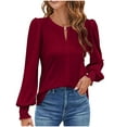 thumbnail image 1 of Olyvenn Womens Pleated Long Sleeve Dressy Casual Tops V Neck Puff Sleeve Shirt Keyhole Neck Blouse 2025 Shirts Wine S, 1 of 7