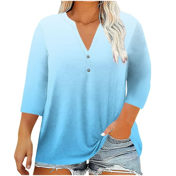 Olyvenn Womens Plus Size 3/4 Sleeve Tops Casual Gradient V Neck Button Tee Shirts Basic Loose Fit Tunic Blouse Light Blue XXL