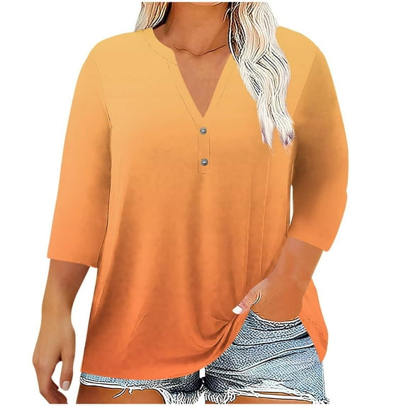 Olyvenn Womens Plus Size 3/4 Sleeve Tops Casual Gradient V Neck Button Tee Shirts Basic Loose Fit Tunic Blouse Orange XXXL
