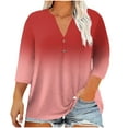 thumbnail image 1 of Olyvenn Womens Plus Size 3/4 Sleeve Tops Casual Gradient V Neck Button Tee Shirts Basic Loose Fit Tunic Blouse Red XXXL, 1 of 5