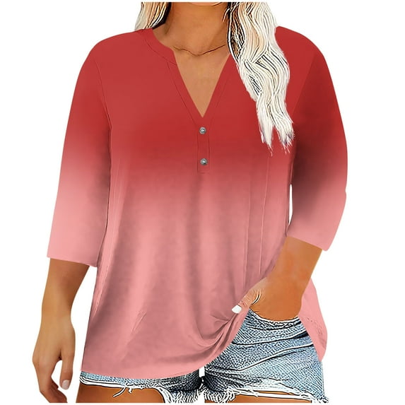 Olyvenn Womens Plus Size 3/4 Sleeve Tops Casual Gradient V Neck Button Tee Shirts Basic Loose Fit Tunic Blouse Red XXXL