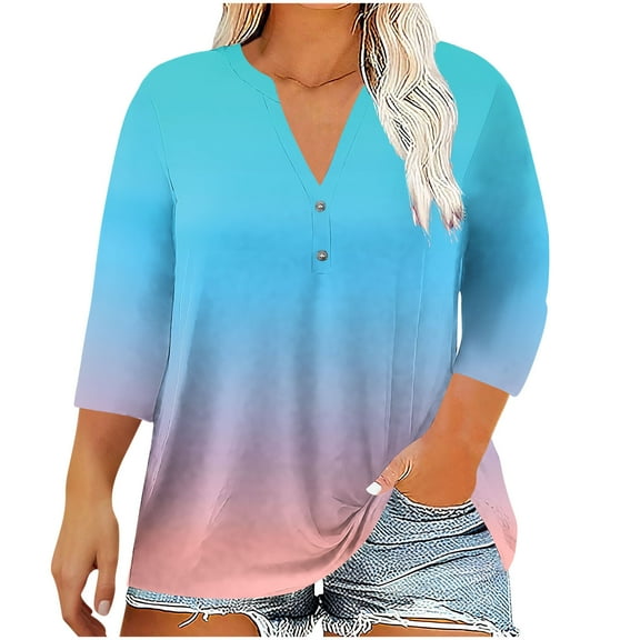 Olyvenn Womens Plus Size 3/4 Sleeve Tops Casual Gradient V Neck Button Tee Shirts Basic Loose Fit Tunic Blouse Sky Blue L