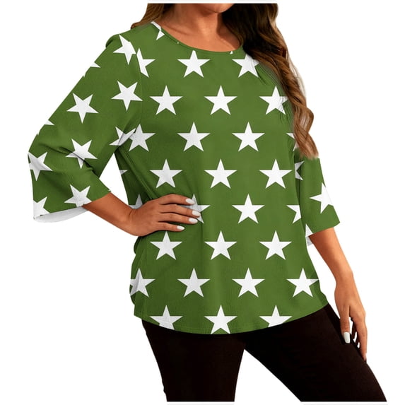 Olyvenn Womens Plus Size 3/4 Sleeve Tops Stars Print Boat Neck Shirts for Women Lightweight Loose Tunic Blouse Green XXL