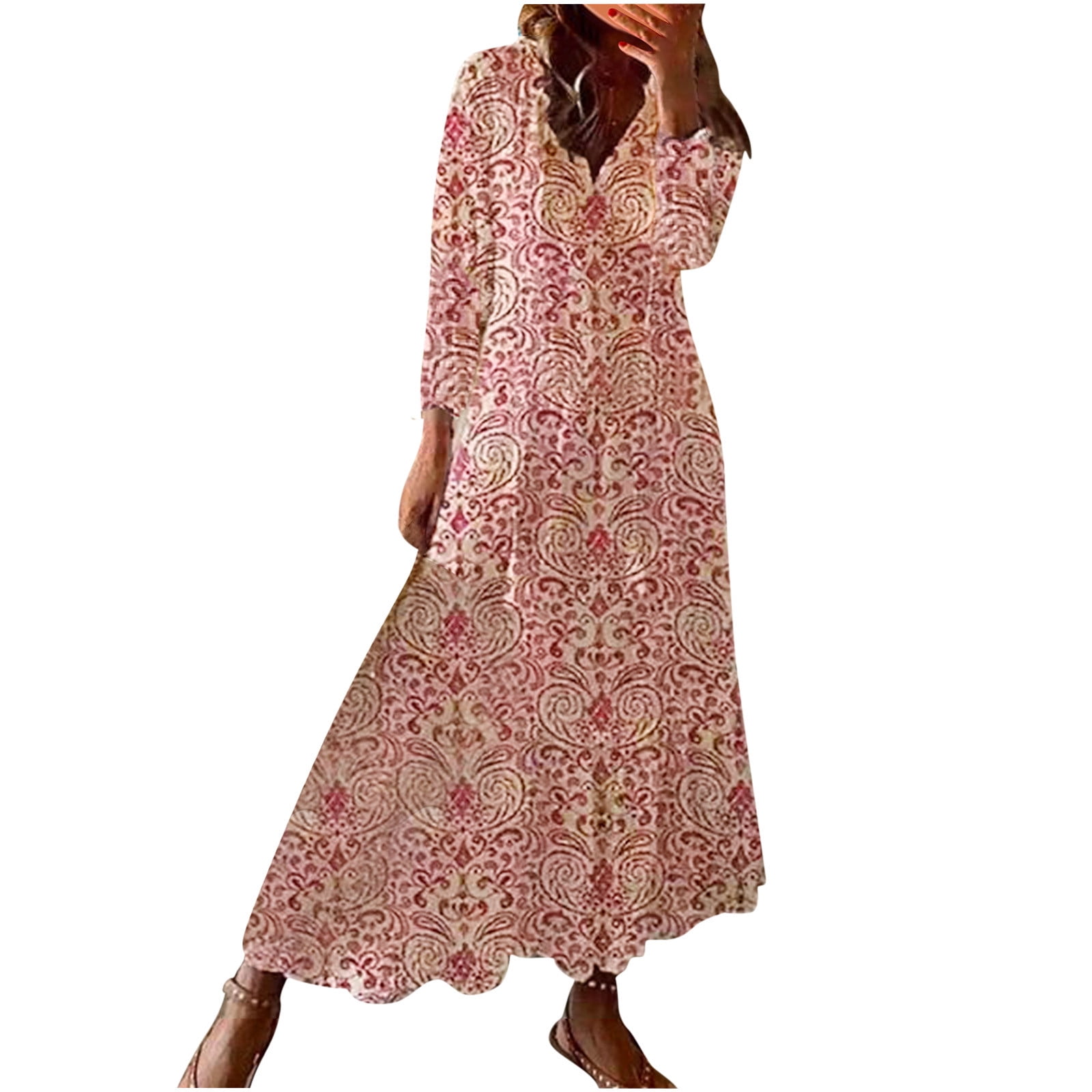 Plus Size Boho Dress, Women's Plus Paisley Floral Print Short Sleeve Round  Neck Medium Stretch Pleated Dress