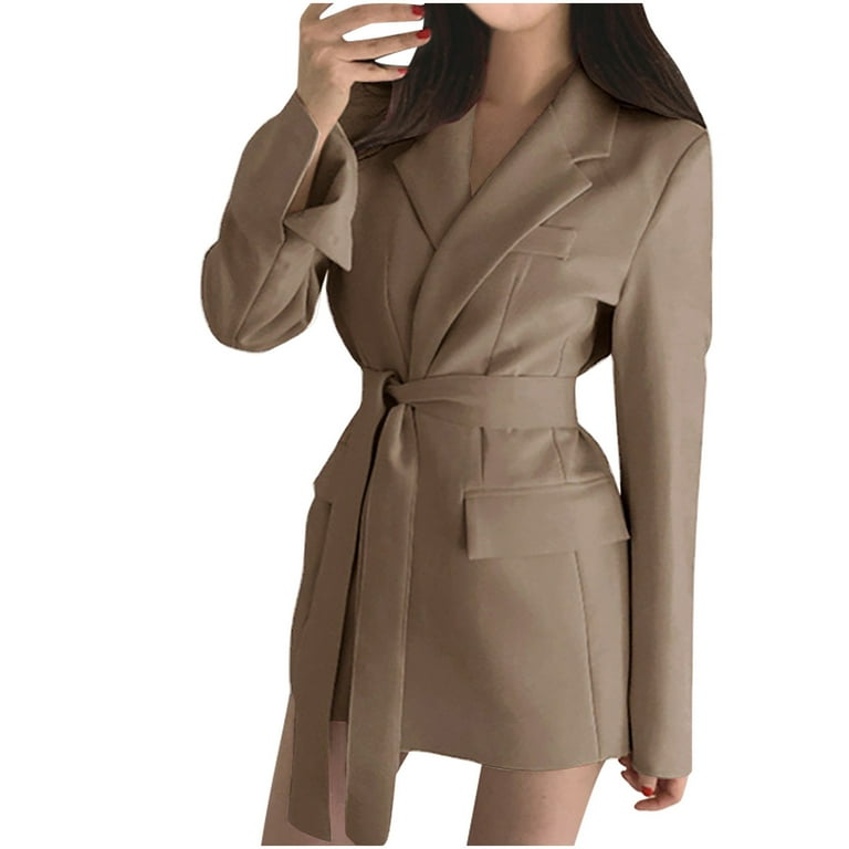 Olyvenn Womens Plus Size Blazer Belted Work Office Jacket Women s Fashion Long Sleeve Casual Color Versatile Long Open Coat Yellow 6