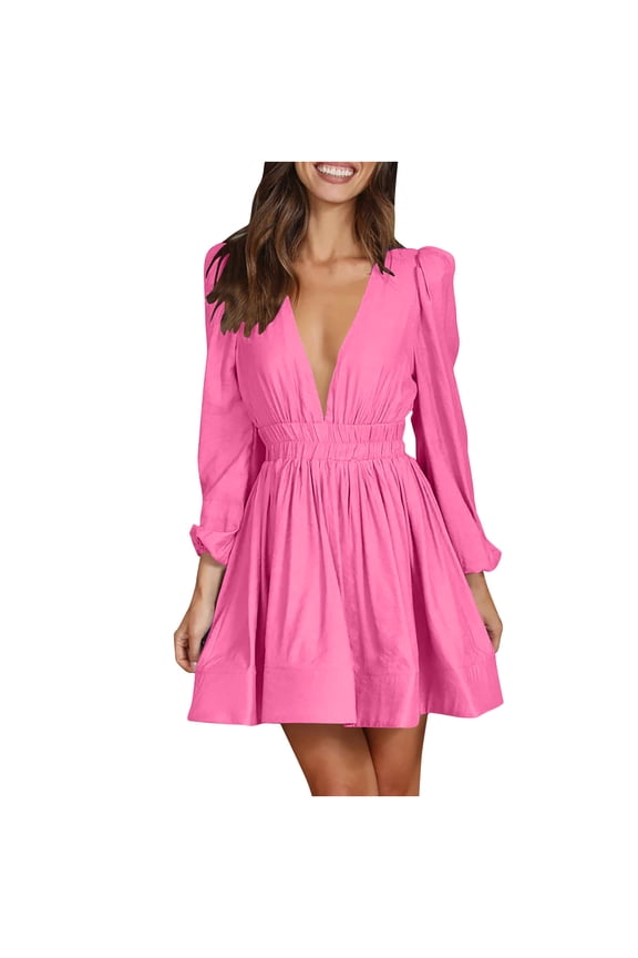 Womens Plus Size Bubble Babydoll Midi Dress Fashion Stylish Solid House Dress Trendy Deep V Neck Cropped Elastic Waist Loose Casual Smocked Ruffled Puff Long Sleeve Prom Dress Pink 8