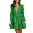 thumbnail image 1 of Olyvenn Womens Plus Size Bubble Babydoll Midi Dress Fashion Stylish Solid House Dress Trendy Deep V Neck Cropped Elastic Waist Loose Casual Smocked Ruffled Puff Long Sleeve Prom Dress Green 10, 1 of 6