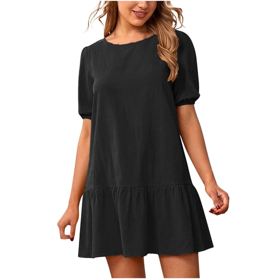 Olyvenn Womens Plus Size Cotton Linen Babydoll Dress Fashion Ruffled Layer Beach Relaxed Loose Casual Smocked Summer Puff Sleeve Short Sleeve Prom Dresses for Women Cute Solid Sundress Black 12