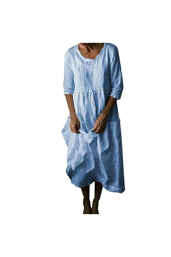 Womens Plus Size Cotton Linen Long Pencil Dress Elegant Vintage Solid House Dress Round Neck Pleated Tiered Swing Loose Casual Smocked Drop Shoulder Long Sleeve Fashion Light Blue 6