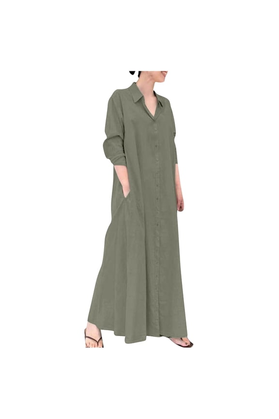 Womens Plus Size Cotton Linen Shirt Dress Slip Cute Solid House Dress Lapel Turndown Collar Blouse Buttons Loose Casual Pockets Smocked Long Sleeve Prom Dress Fashion Winter Green 6