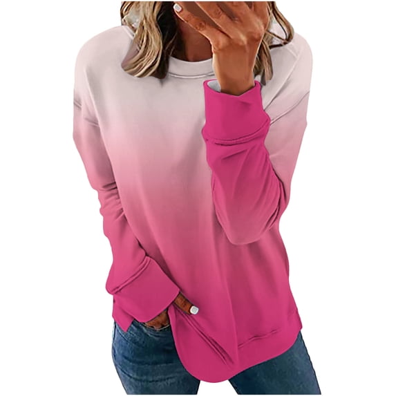 Olyvenn Womens Plus Size Daily Sweatshirts Fashion Winter Warm 2023 Drop Long Sleeve Fall Tops Gradient Color Tie Dye Pullover Crew Neck Shirts Comfy Loose Fit Casual Relaxed Blouse Hot Pink 10