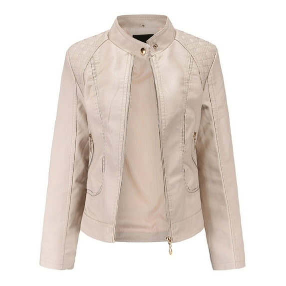 Olyvenn Womens Plus Size Faux Fur Women's Leather Standing Collar Slim Fitting Zipper Motorcycle Jacket Leather Jacket Beige 8