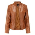 thumbnail image 1 of Olyvenn Womens Plus Size Faux Fur Women's Leather Standing Collar Slim Fitting Zipper Motorcycle Jacket Leather Jacket Brown 6, 1 of 3