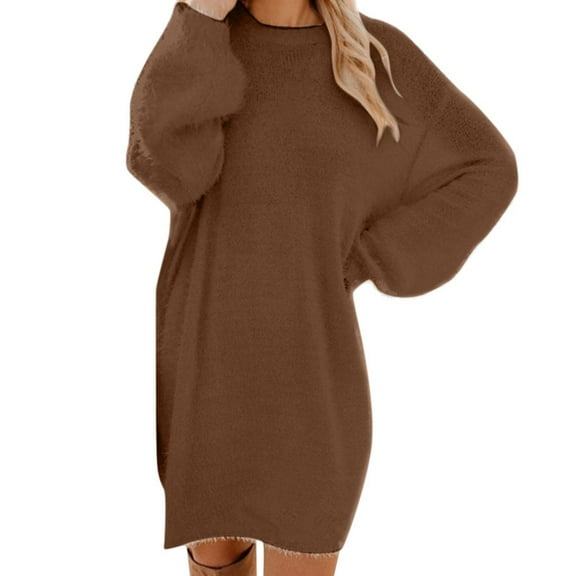 Olyvenn Womens Plus Size Knit Long Sweater Dress Retro Solid Color House Dress Round Neck Blouse Warm Comfy Loose Casual Smocked Wide Bubble Long Sleeve Prom Dress Fashion Winter Slip Brown 12