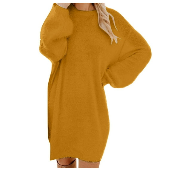 Olyvenn Womens Plus Size Knit Long Sweater Dress Retro Solid Color House Dress Round Neck Blouse Warm Comfy Loose Casual Smocked Wide Bubble Long Sleeve Prom Dress Fashion Winter Slip Gold 10