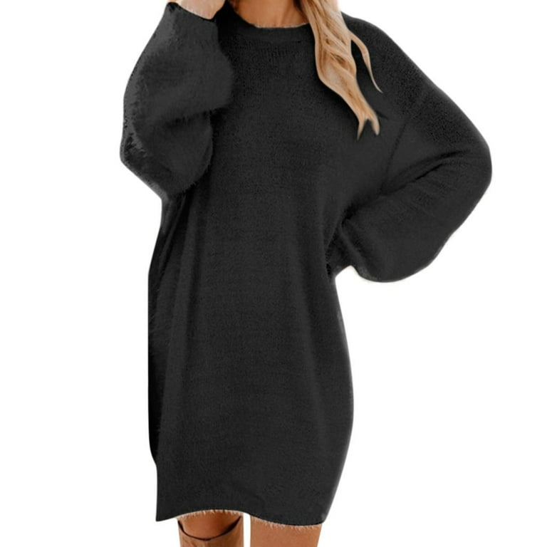 Olyvenn Womens Plus Size Knit Long Sweater Dress Retro Solid Color House Dress Round Neck Blouse Warm Comfy Loose Casual Smocked Wide Bubble Long Sleeve Prom Dress Fashion Winter Slip Black 6