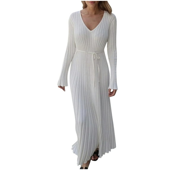 Olyvenn Womens Plus Size Long Knitted Sweater Dress Fashion Elegant Vintage Solid House Dress Trendy V Neck Blouse Bandage Belted Comfy Loose Casual Smocked Flared Long Sleeve Prom Dress White
