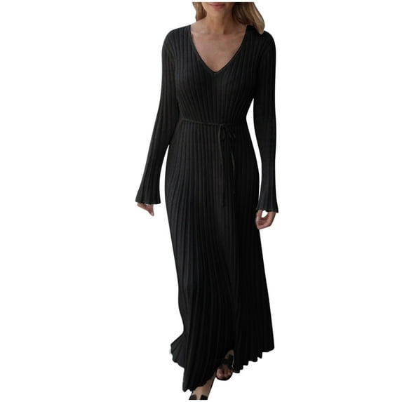 Olyvenn Womens Plus Size Long Knitted Sweater Dress Fashion Elegant Vintage Solid House Dress Trendy V Neck Blouse Bandage Belted Comfy Loose Casual Smocked Flared Long Sleeve Prom Dress Black