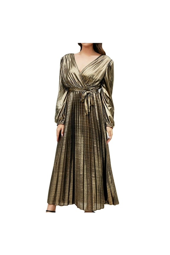 Womens Plus Size Long Party Evening Dresses Bubble Long Sleeve Prom Dress Fashion Elegant Satin Solid House Dress Trendy Surplice V Neck Bandage High Waist Swing Ball Gown Smocked Gold 12