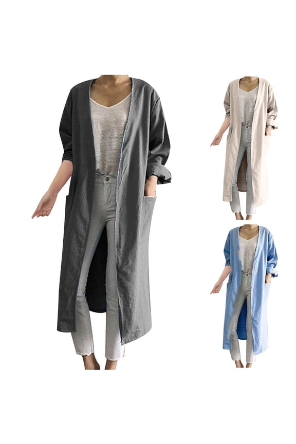 Womens Plus Size Long Sleeve Hoodless Casual Outwear Coats Womens V-neck Straight Long Sleeved Pocket Women's Windbreaker Cardigan Jacket Blue 4