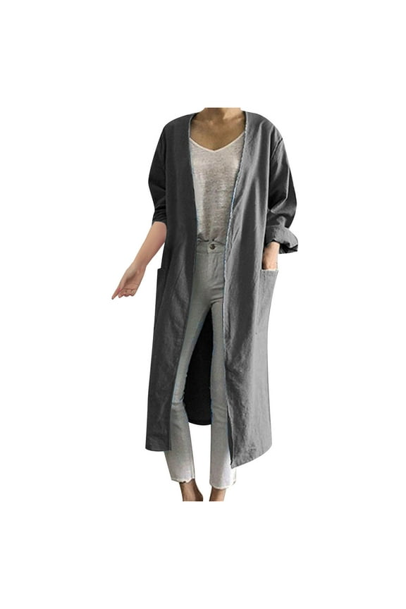 Womens Plus Size Long Sleeve Hoodless Casual Outwear Coats Womens V-neck Straight Long Sleeved Pocket Women's Windbreaker Cardigan Jacket Gray 6