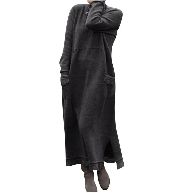 Olyvenn Womens Plus Size Pocket Winter Warm Long Dress Comfy Loose