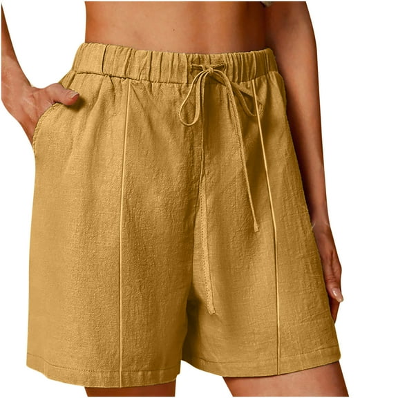 Olyvenn Womens Plus Size Shorts Casual Elastic Waist Wide Leg Suit Tailored Shorts Cotton Linen Summer Dressy Shorts with Pockets Yellow S