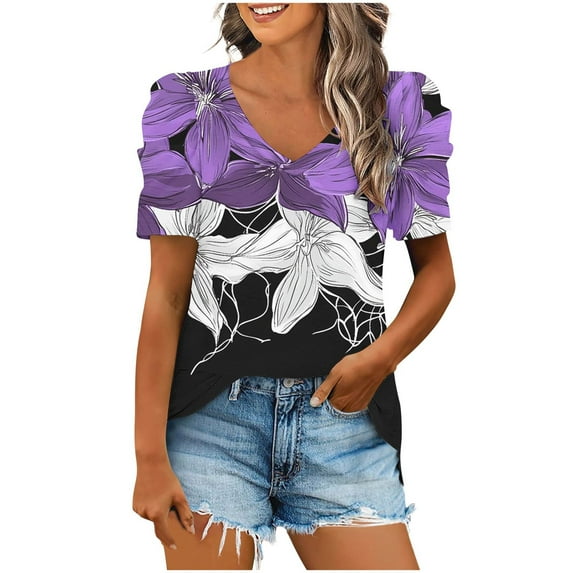 Olyvenn Womens Plus Size Summer Tops 2025 Loose Fit V Neck T Shirts Casual Puff Short Sleeve Printed Tee Blouses Tunic Black S