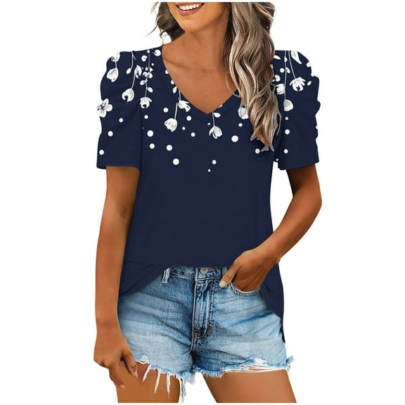 Olyvenn Womens Plus Size Summer Tops 2025 Loose Fit V Neck T Shirts Casual Puff Short Sleeve Printed Tee Blouses Tunic Navy XXL