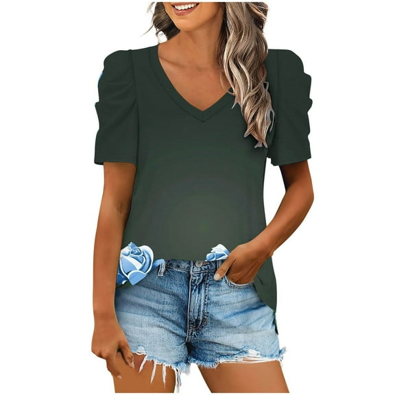 Olyvenn Womens Plus Size Summer Tops 2025 Loose Fit V Neck T Shirts Casual Puff Short Sleeve Solid Tee Blouses Tunic Blue S