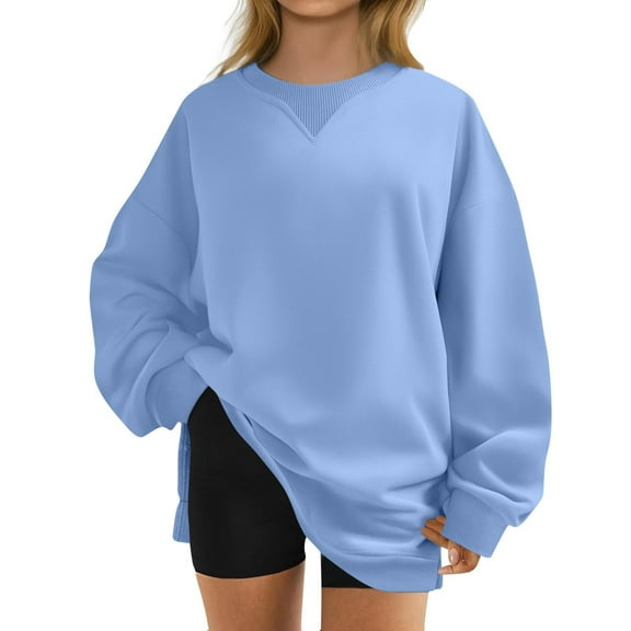 Olyvenn Womens Plus Size Sweatshirts Crew Neck Long Sleeve Shirts Casual Loose Side Split Fall Outfits Y2K Pullover Clothes Light Blue M