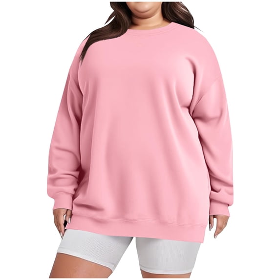 Olyvenn Womens Plus Size Sweatshirts Long Sleeve Fleece Soft Fall Winter Crew Neck Pullover Tops with Pockets 2025 Pink L