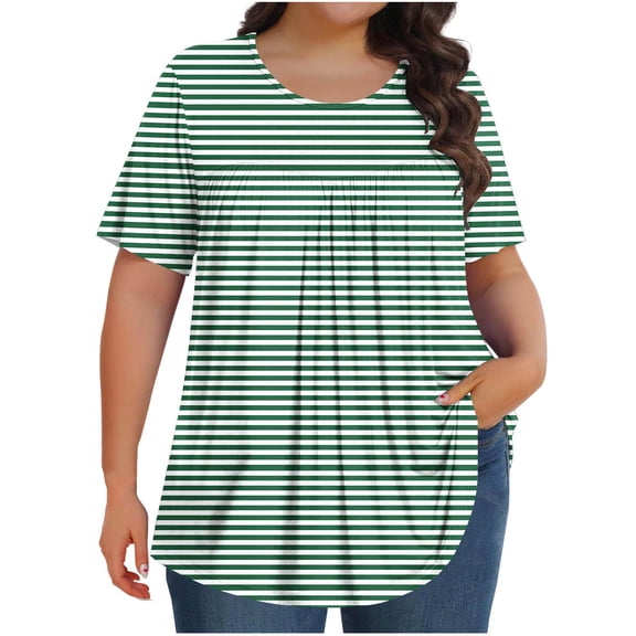 Olyvenn Womens Plus Size Tops Basic Summer Shirts Short Sleeve Crew Neck Tunic Casual Loose Fits Striped Graphic Beach Tees Green XXXL