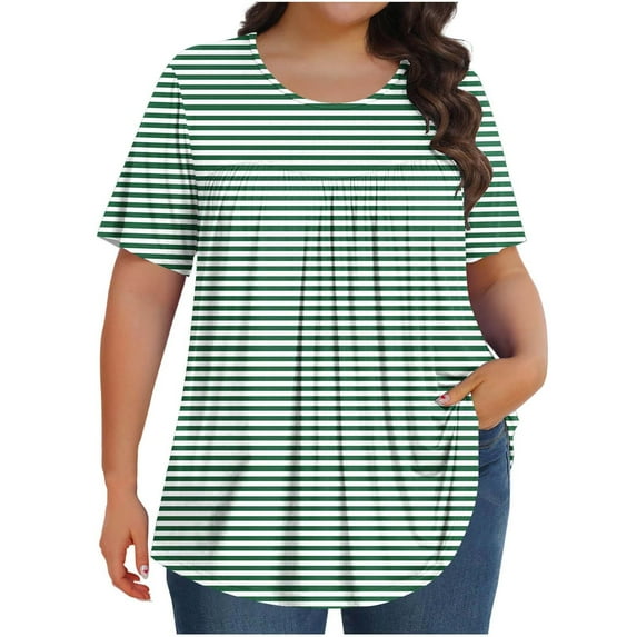 Olyvenn Womens Plus Size Tops Basic Summer Shirts Short Sleeve Crew Neck Tunic Casual Loose Fits Striped Graphic Beach Tees Green XXXXXL