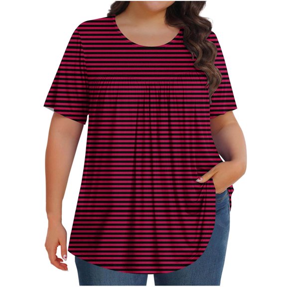 Olyvenn Womens Plus Size Tops Basic Summer Shirts Short Sleeve Crew Neck Tunic Casual Loose Fits Striped Graphic Beach Tees Red L