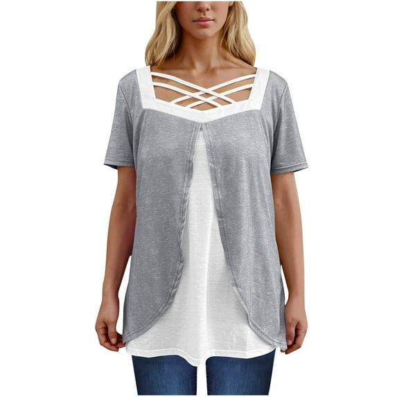 Olyvenn Womens Plus Size Tops Summer Dressy Hollow Out Boat Neck Short Sleeves Lightweight T-Shirt Color Blocked Patchwork Tee Gray XXXL