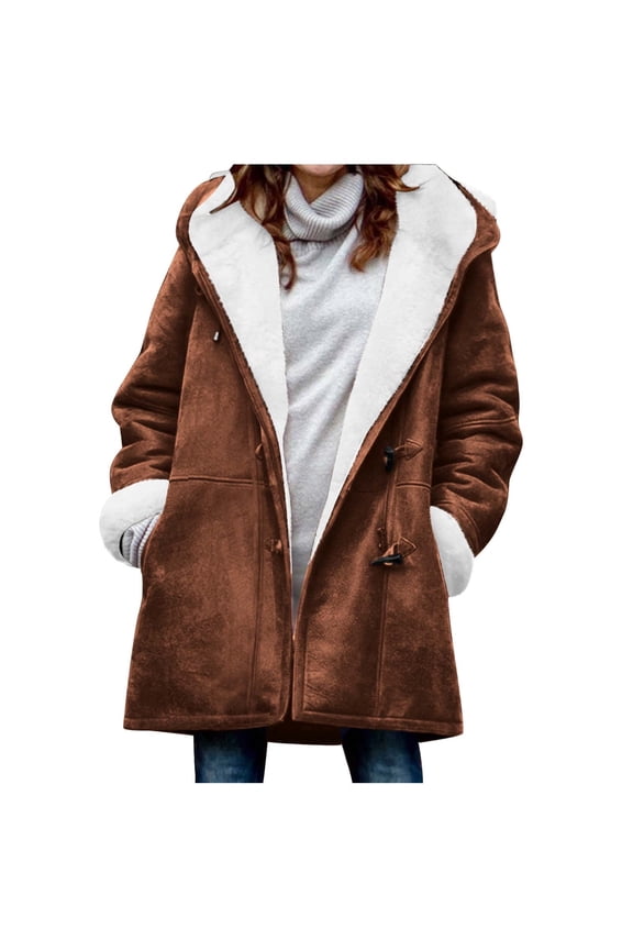 Womens Plus Size Winter Coats Warm Sherpa Fleece Lined Jackets Hooded Parka Faux Suede Pea Coat Outerwear 2025 Coffee XXXL