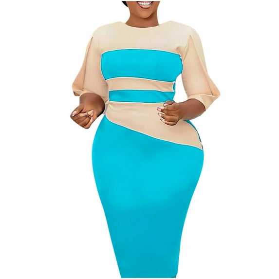 Olyvenn Womens Plus Size Wrapped Hip Dresses Fashion Slip Color Block Patchwork House Dress Crew Neck Blouse Work Office Patchwork Tight Skinny Smocked Ruffle Slit 3/4 Sleeve Prom Dress Blue 12