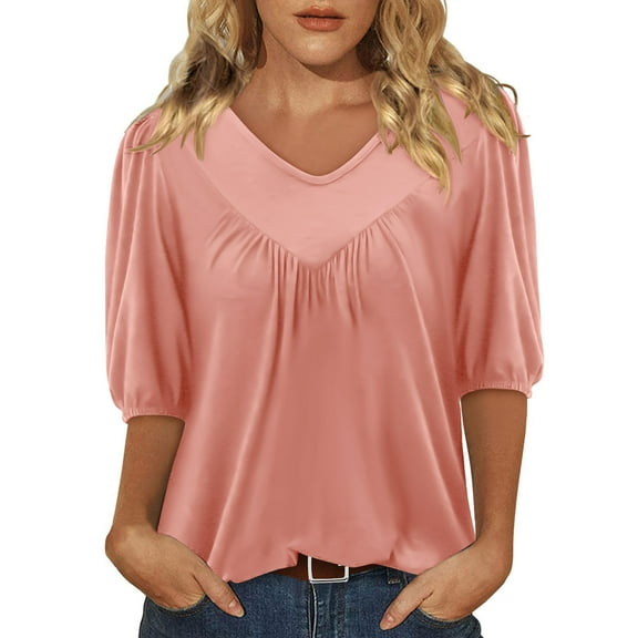 Olyvenn Womens Puff Half Sleeve Summer Tunic Tops Casual Chest Pleated Shirts V Neck Work Blouse for Women Dressy Pink L