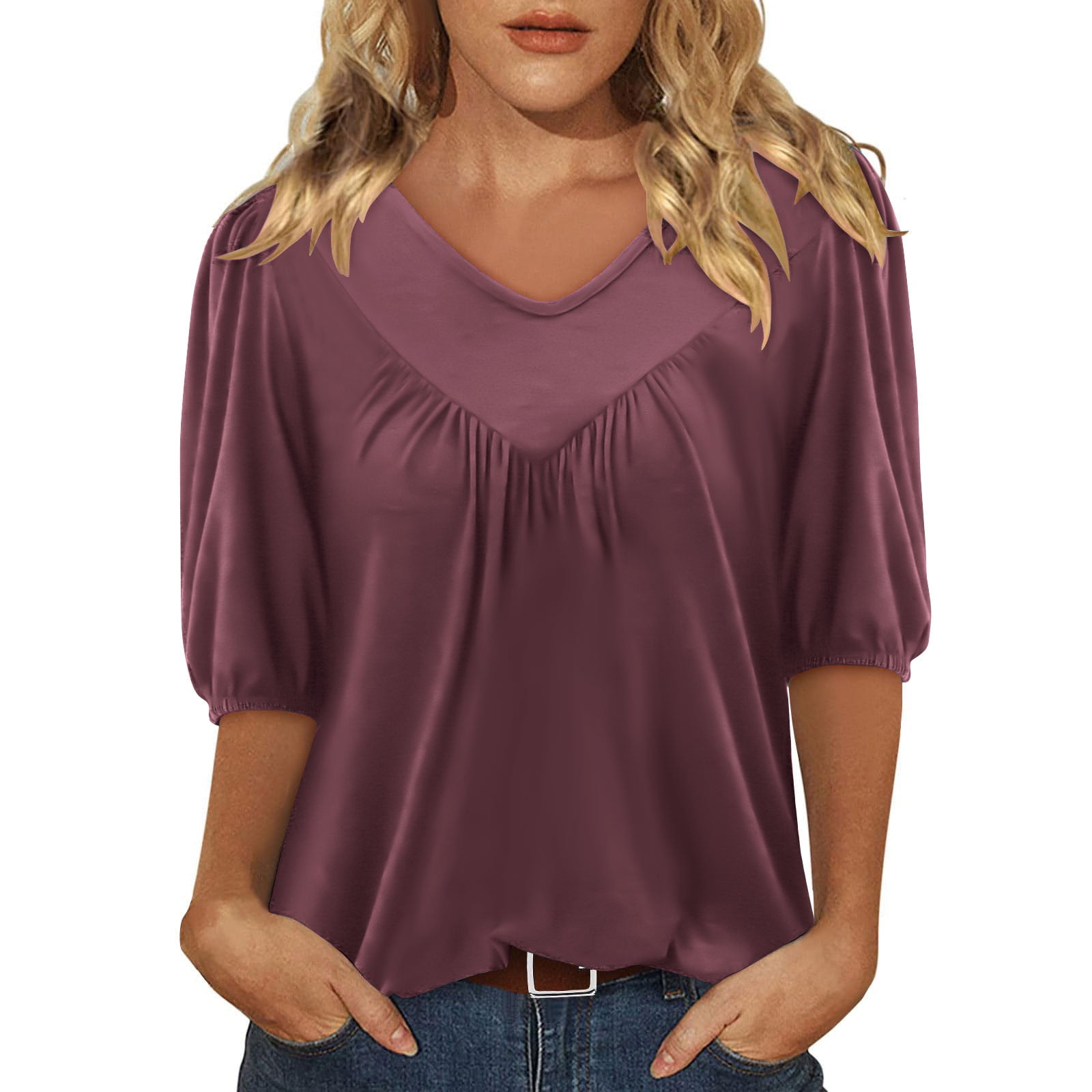 Olyvenn Womens Puff Half Sleeve Summer Tunic Tops Casual Chest Pleated ...
