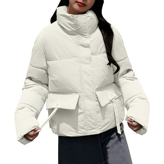 Olyvenn Womens Puffer Jacket Lightweight Full Zip Stand Collar Down Coats Winter Warm Quilted Jackets Puffy Bubble Outerwear Beige XL