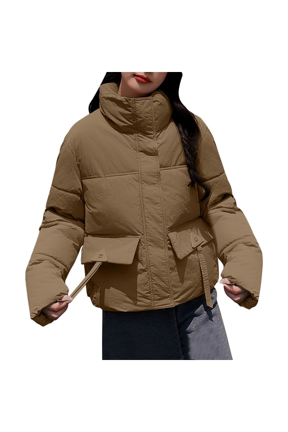 Womens Puffer Jacket Lightweight Full Zip Stand Collar Down Coats Winter Warm Quilted Jackets Puffy Bubble Outerwear Coffee M