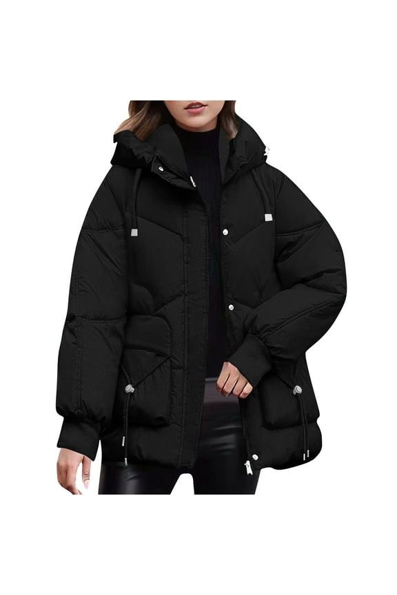 Womens Puffer Jacket with Hood Plus Size Down Jacket Zip up Padded Coat Quilted Insulated Jacket Warm Winter Coat Black XL