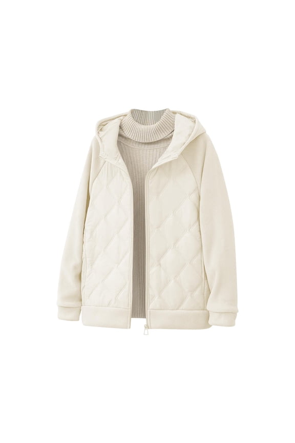 Womens Raglan Sleeve Quilted Panel Hooded Zip Jacket, Mid Length Elastic Cuff Dual Hand Pockets Relaxed Fit for Rainy Walks Shopping Trips Beige S