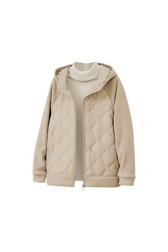 Womens Raglan Sleeve Quilted Panel Hooded Zip Jacket, Mid Length Elastic Cuff Dual Hand Pockets Relaxed Fit for Rainy Walks Shopping Trips Coffee S