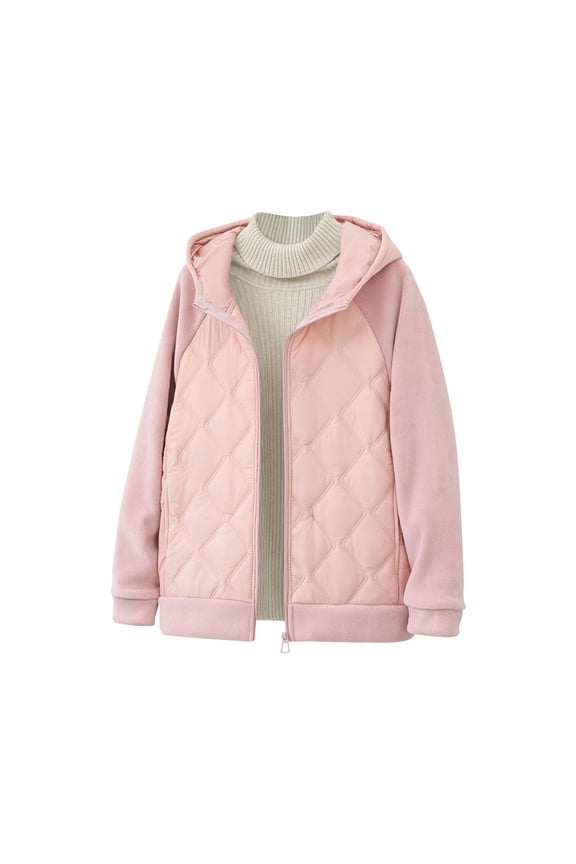 Womens Raglan Sleeve Quilted Panel Hooded Zip Jacket, Mid Length Elastic Cuff Dual Hand Pockets Relaxed Fit for Rainy Walks Shopping Trips Pink S