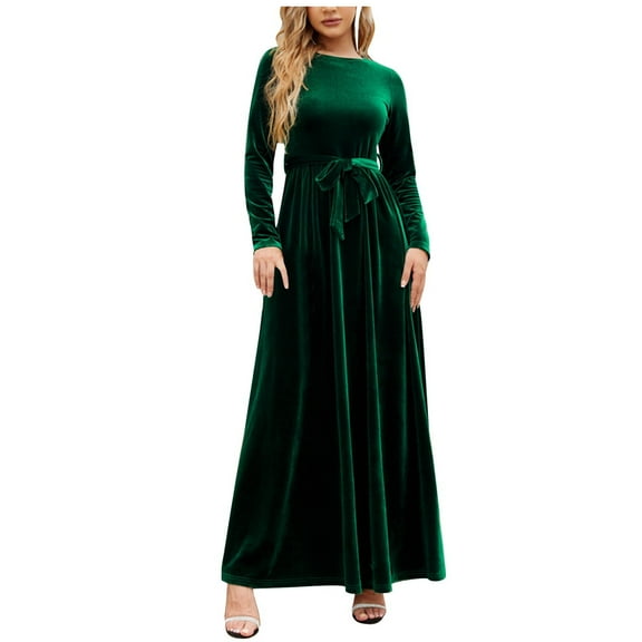 Olyvenn Womens Retro Evening Party Long Dress Slip Elegant Velvet Solid House Dress Crew Neck Blouse Pleated Swing Bandage High Waist Smocked Long Sleeve Prom Dress Fashion Winter Green 8
