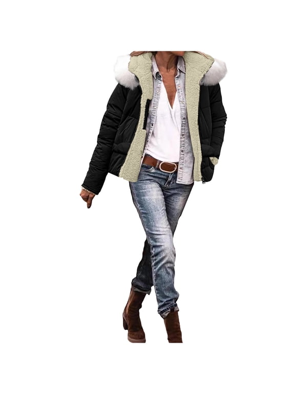 Womens Reversible Sherpa Lined Crop Jacket Lapel Collar Full Zip Front Patch Side Pockets Boxy Cut Long Sleeve for Road Trip Bar Hangout Local Market Visit Black S