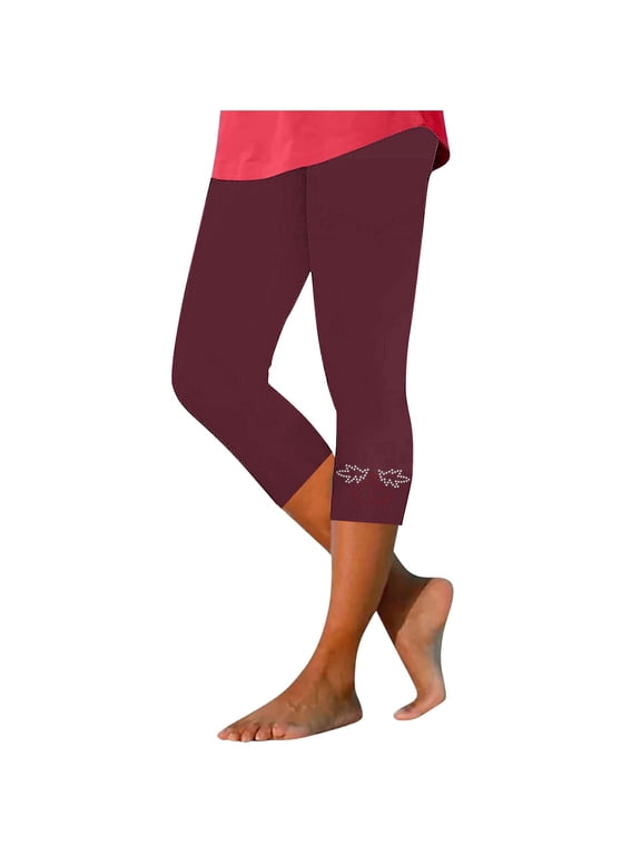 Womens Rhinestone Trim Capri Pants Stretchy Compression Leggings Print Pattern Yoga Pants Summer Vacation Outfits Wine M
