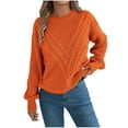 thumbnail image 1 of Olyvenn Womens Rib Knitted Sweaters 2025 Cute Elegant Soft Crewneck Sweaters Classic Long Sleeve Hollow Cable Knit Pullover Orange L, 1 of 7